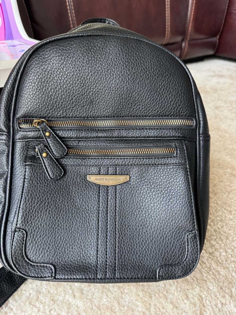 White Mountain Black Pebbled Leather Sling Belt Bag with Brass Accents